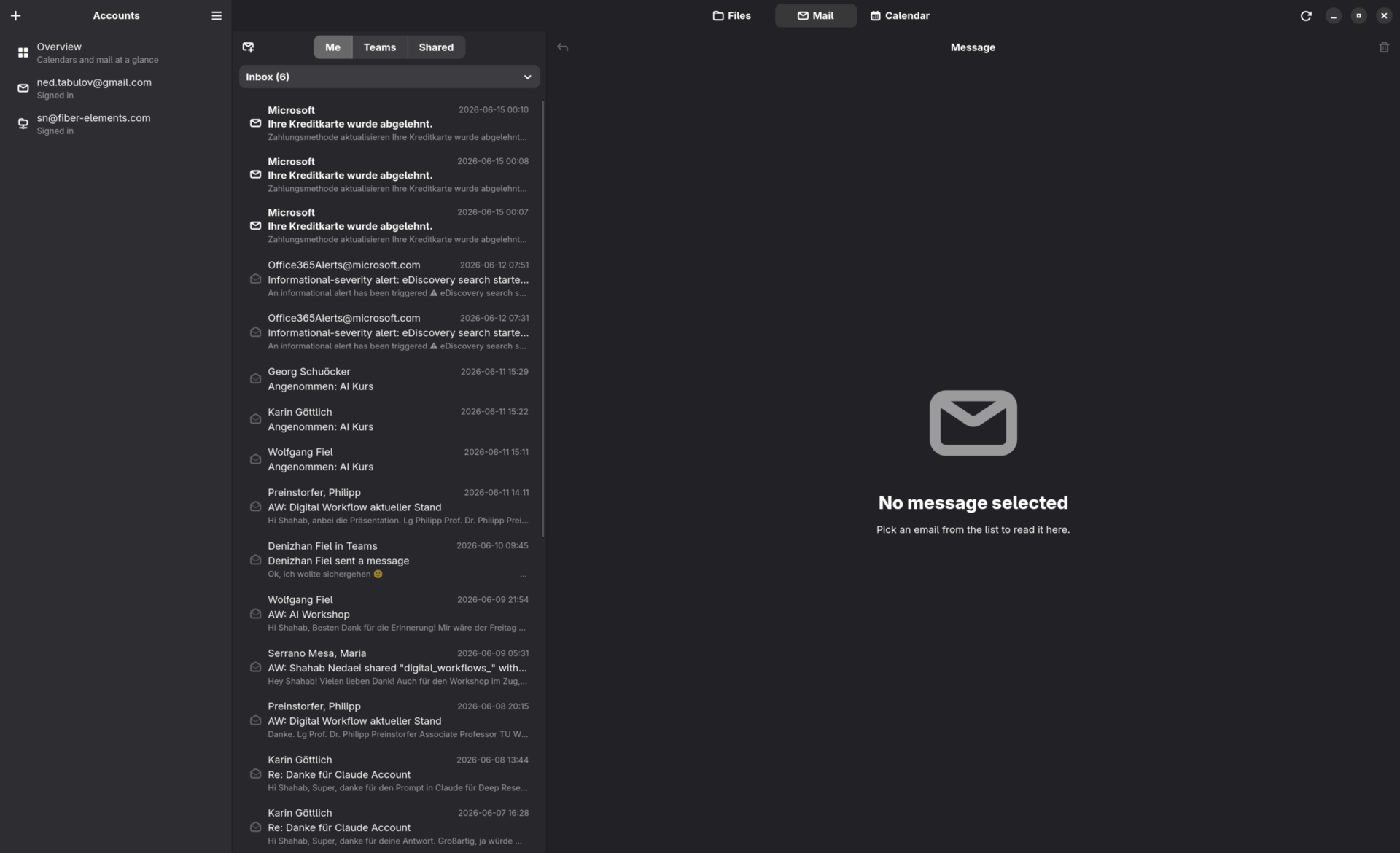 Unified mail with Me, Teams and Shared sources