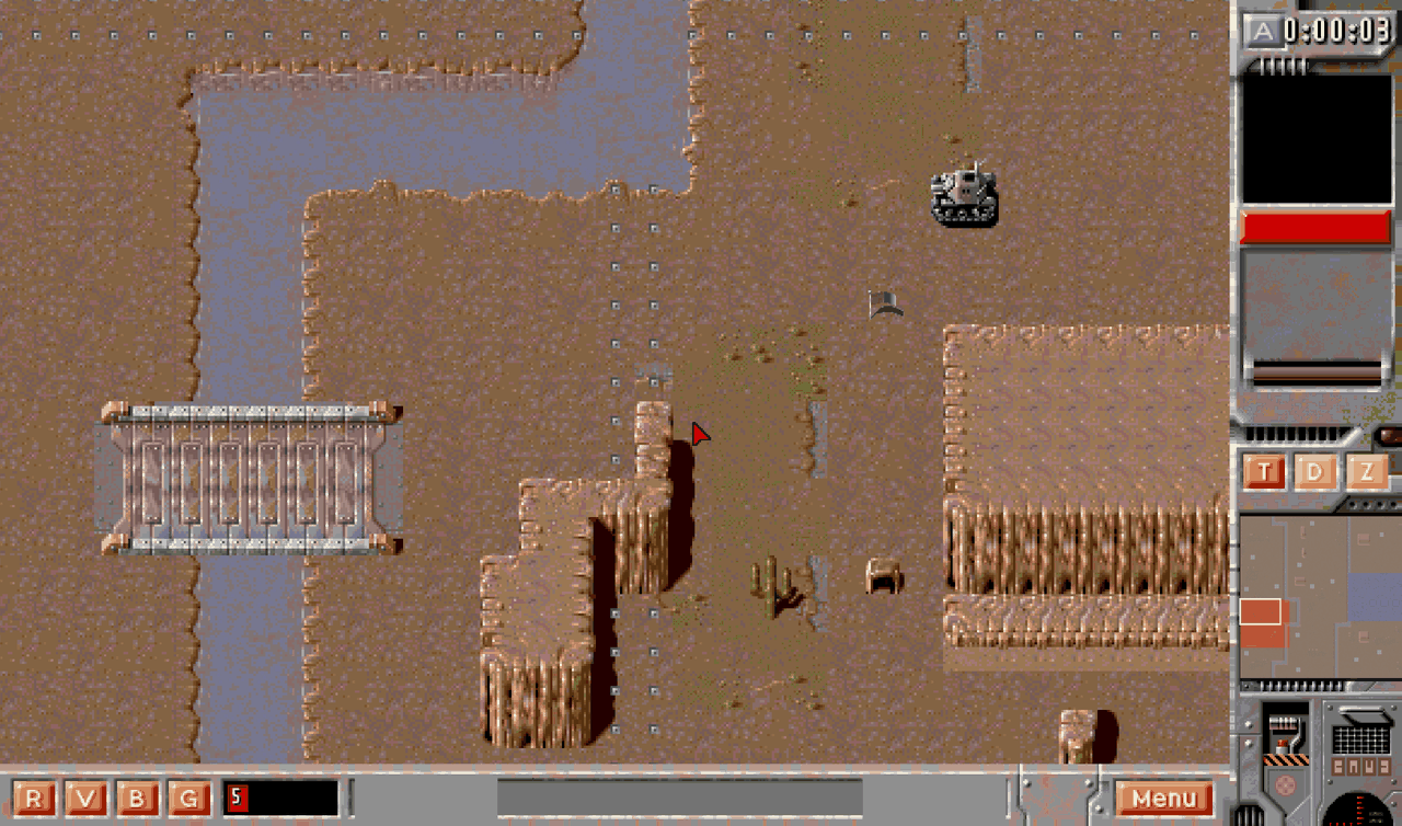 A generated desert map: a river with a bridge, two mesas, scrub and a tank